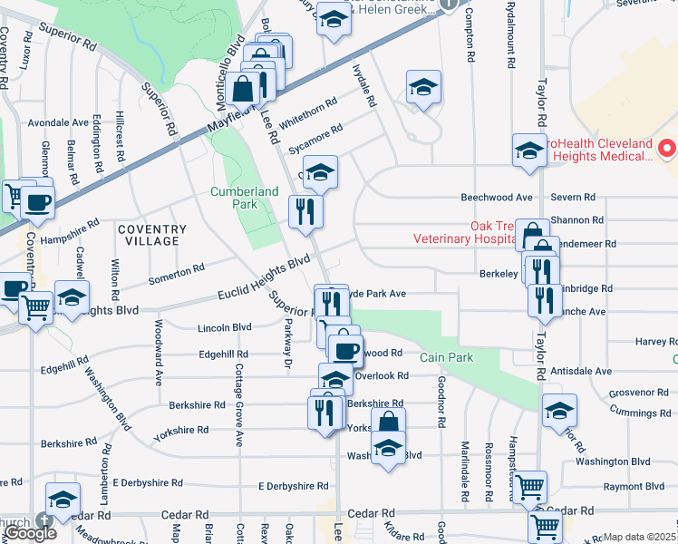 map of restaurants, bars, coffee shops, grocery stores, and more near in Cleveland Heights