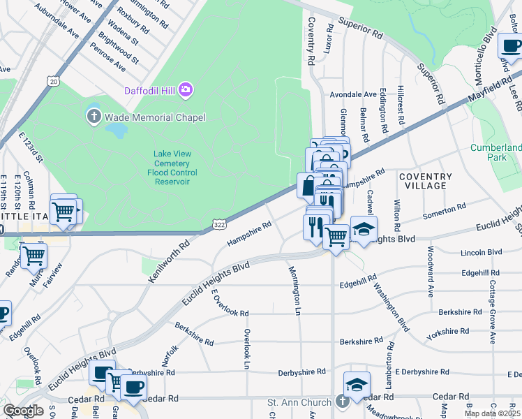 map of restaurants, bars, coffee shops, grocery stores, and more near 2660 Mayfield Road in Cleveland Heights