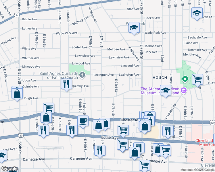 map of restaurants, bars, coffee shops, grocery stores, and more near 1651 East 71st Street in Cleveland
