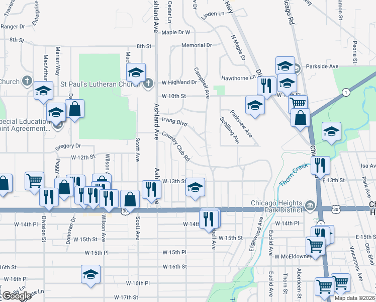 map of restaurants, bars, coffee shops, grocery stores, and more near 223 Country Club Road in Chicago Heights