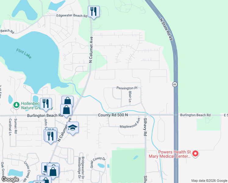 map of restaurants, bars, coffee shops, grocery stores, and more near 4502 Kilchurn Circle in Valparaiso