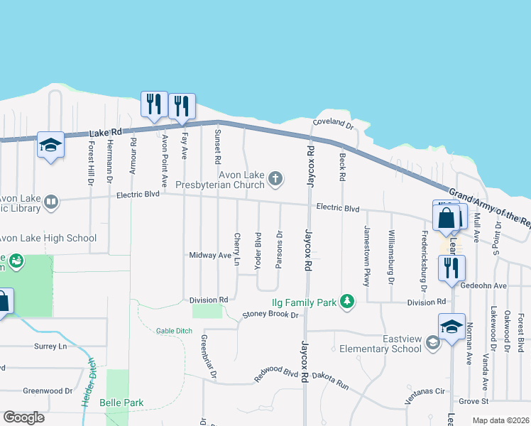 map of restaurants, bars, coffee shops, grocery stores, and more near 184 Parsons Drive in Avon Lake
