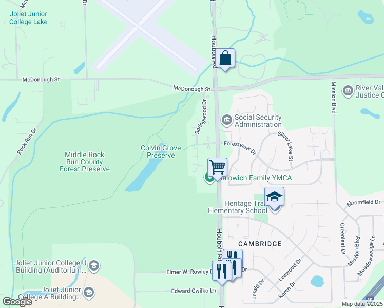 map of restaurants, bars, coffee shops, grocery stores, and more near 643 Springwood Drive in Joliet