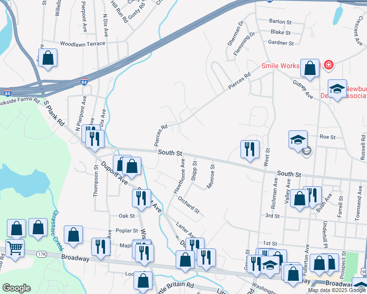 map of restaurants, bars, coffee shops, grocery stores, and more near 648 South Street in Newburgh