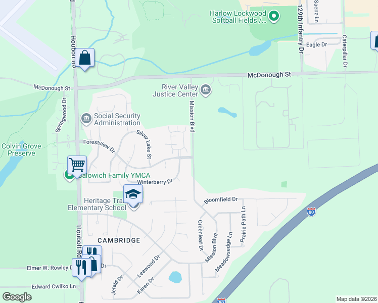 map of restaurants, bars, coffee shops, grocery stores, and more near 617 Mission Boulevard in Joliet