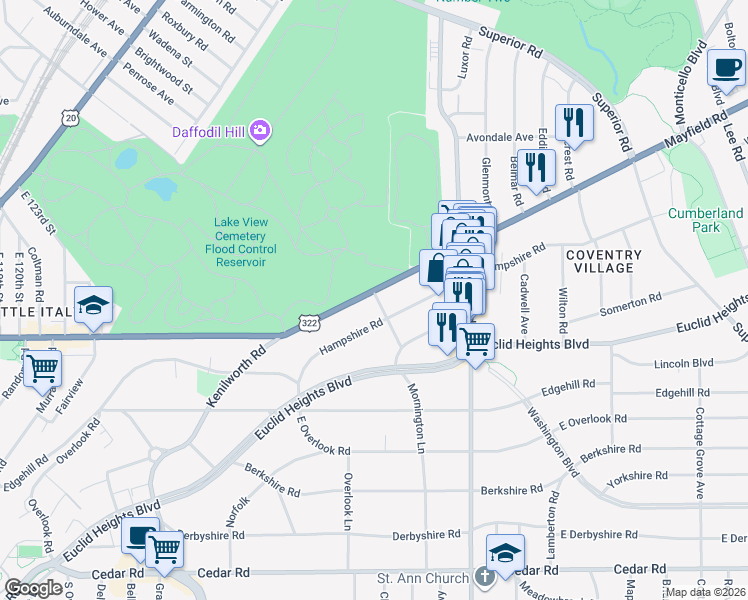 map of restaurants, bars, coffee shops, grocery stores, and more near 2676 Mayfield Road in Cleveland Heights