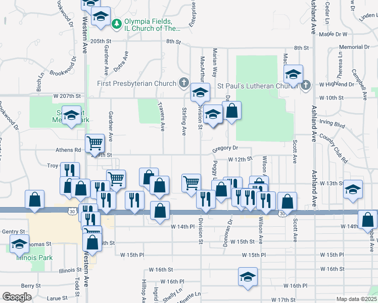 map of restaurants, bars, coffee shops, grocery stores, and more near 1147 Stirling Avenue in Chicago Heights