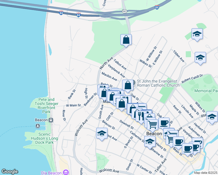 map of restaurants, bars, coffee shops, grocery stores, and more near 24 West Church Street in Beacon