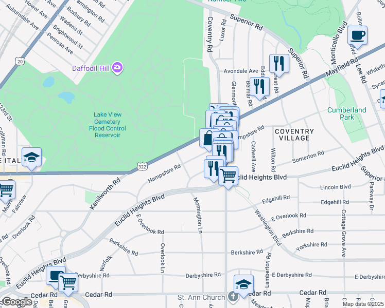 map of restaurants, bars, coffee shops, grocery stores, and more near 2725 Hampshire Road in Cleveland