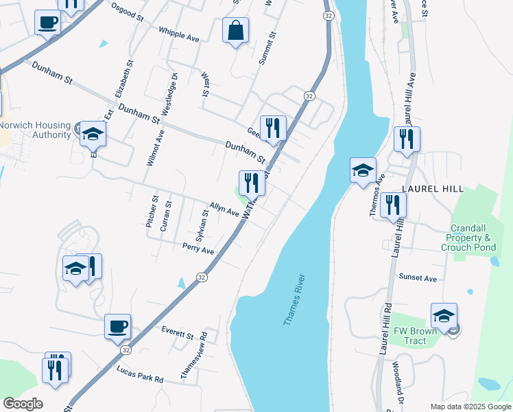map of restaurants, bars, coffee shops, grocery stores, and more near 284 West Thames Street in Norwich