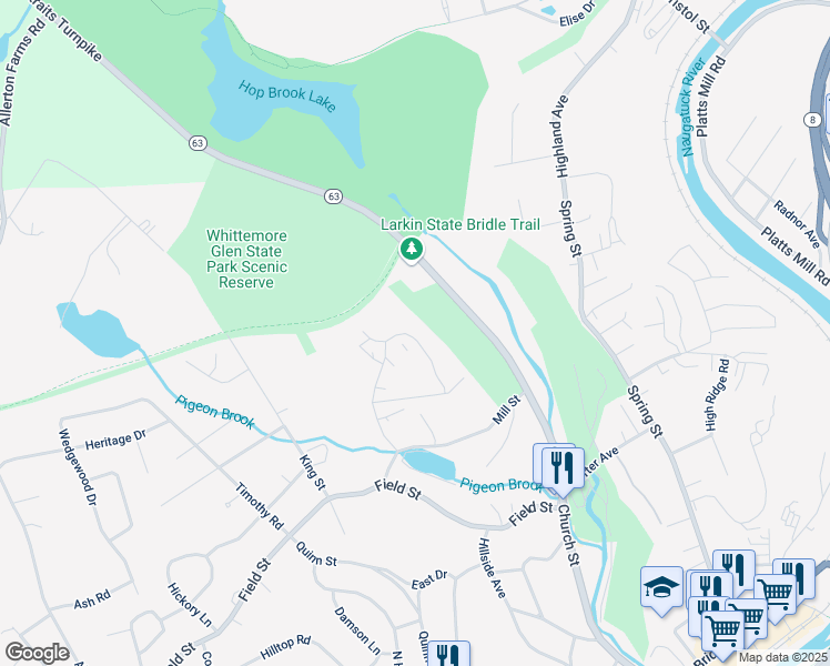 map of restaurants, bars, coffee shops, grocery stores, and more near 69 Ridge Road in Naugatuck