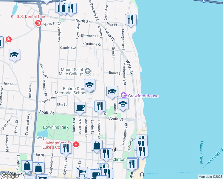 map of restaurants, bars, coffee shops, grocery stores, and more near 84 Clinton Street in Newburgh