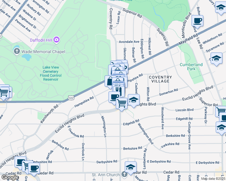 map of restaurants, bars, coffee shops, grocery stores, and more near 2783 Lancashire Road in Cleveland Heights
