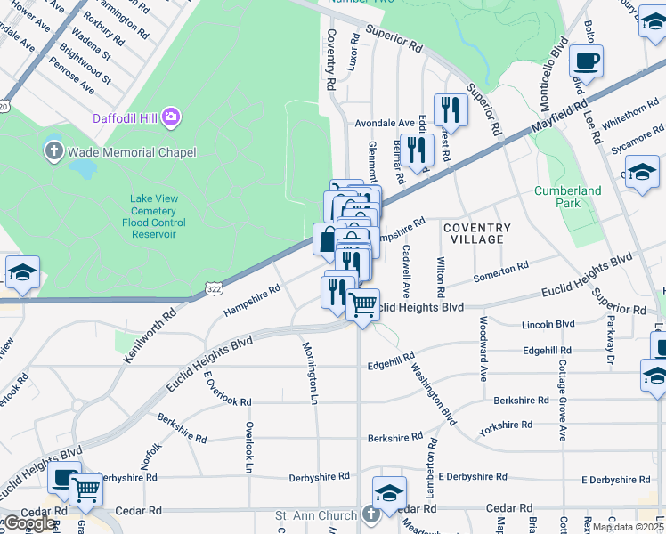 map of restaurants, bars, coffee shops, grocery stores, and more near 2779 Lancashire Road in Cleveland Heights