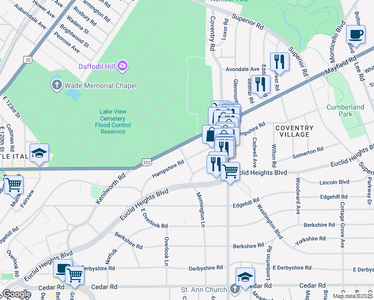 map of restaurants, bars, coffee shops, grocery stores, and more near 2701 Hampshire Road in Cleveland Heights
