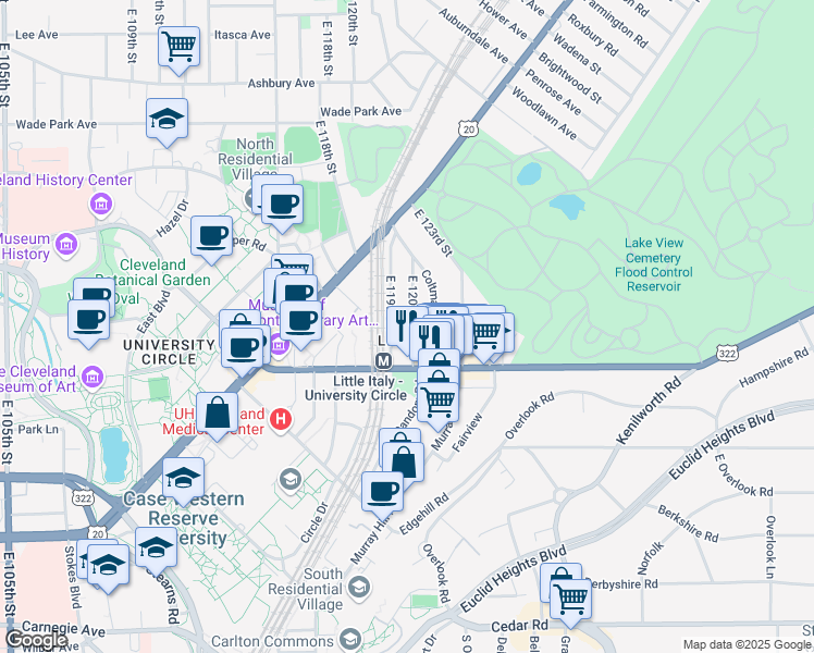 map of restaurants, bars, coffee shops, grocery stores, and more near 1970 East 120th Street in Cleveland