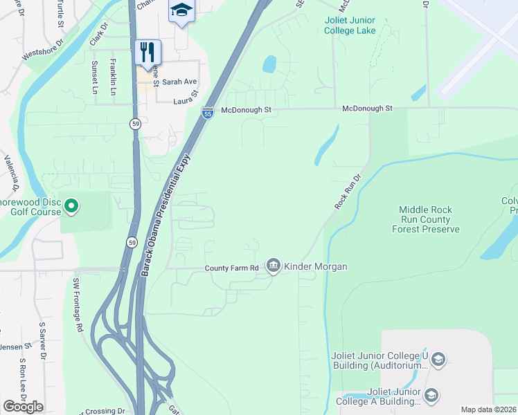 map of restaurants, bars, coffee shops, grocery stores, and more near 23700-23898 County Farm Road in Joliet