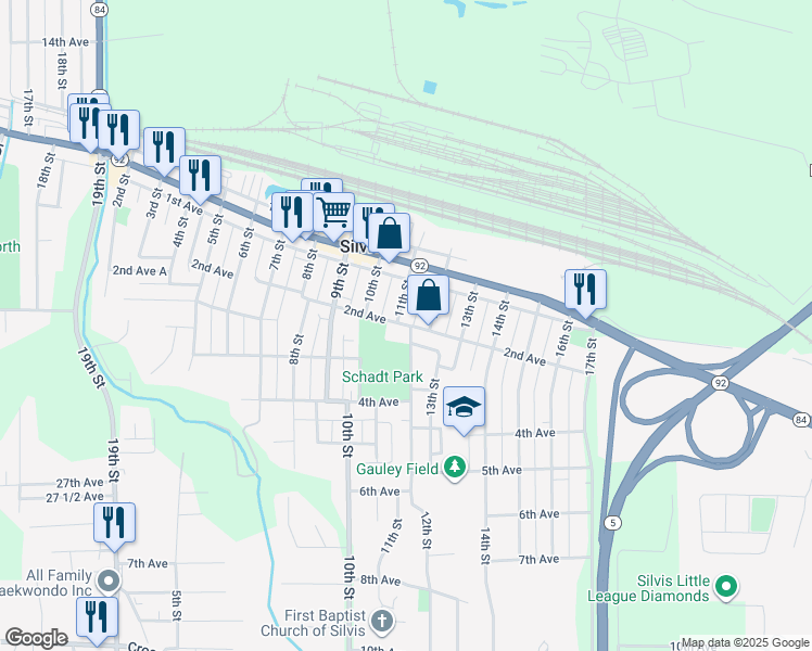 map of restaurants, bars, coffee shops, grocery stores, and more near 1106 2nd Avenue in Silvis