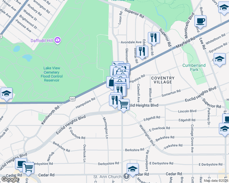 map of restaurants, bars, coffee shops, grocery stores, and more near 2783 Lancashire Road in Cleveland Heights