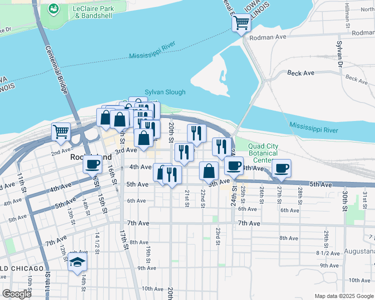 map of restaurants, bars, coffee shops, grocery stores, and more near 2100 3rd Avenue in Rock Island