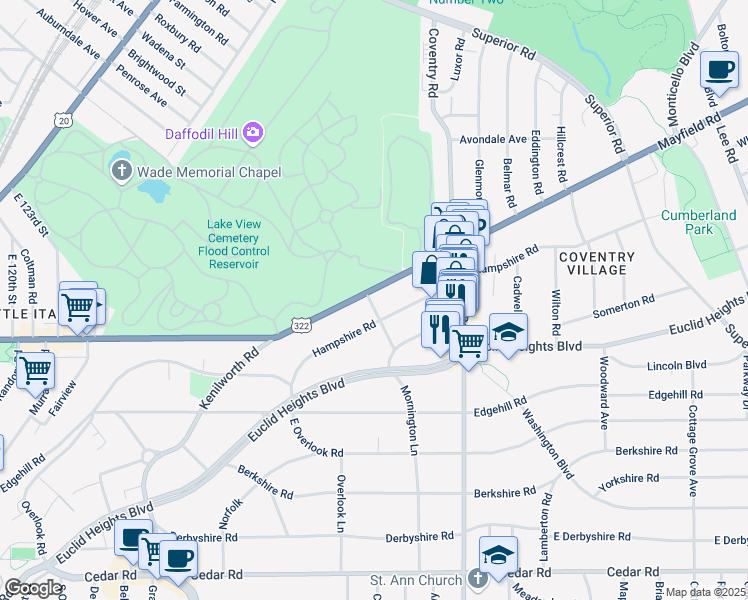 map of restaurants, bars, coffee shops, grocery stores, and more near 2684 Mayfield Road in Cleveland Heights