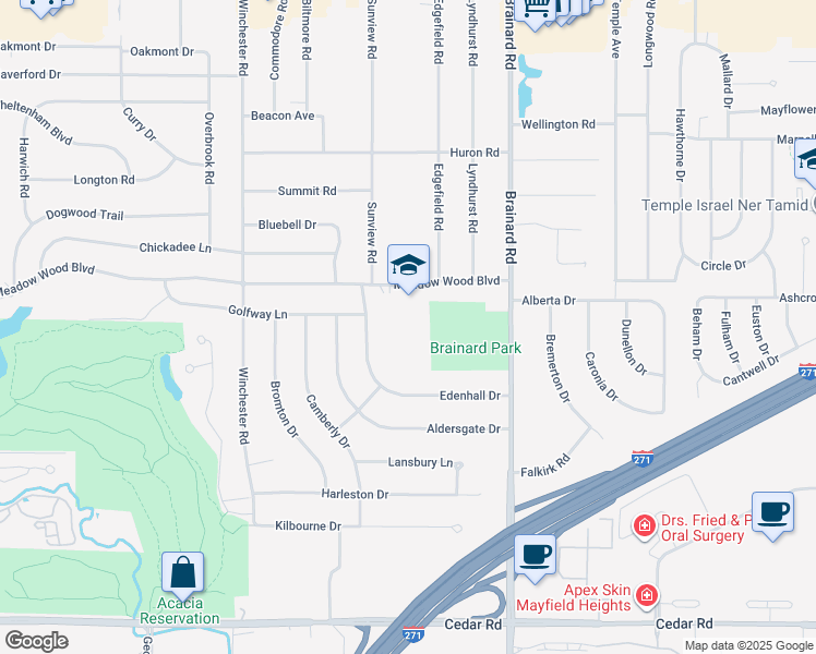 map of restaurants, bars, coffee shops, grocery stores, and more near 5520 Meadow Wood Boulevard in Lyndhurst