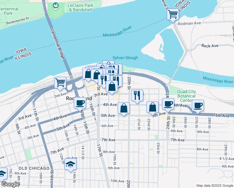 map of restaurants, bars, coffee shops, grocery stores, and more near 1826 3rd Avenue in Rock Island