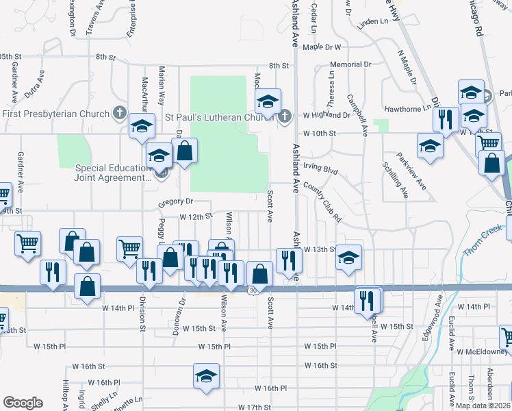 map of restaurants, bars, coffee shops, grocery stores, and more near 389 West 12th Street in Chicago Heights