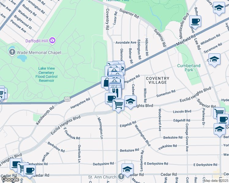 map of restaurants, bars, coffee shops, grocery stores, and more near 2783 Lancashire Road in Cleveland Heights