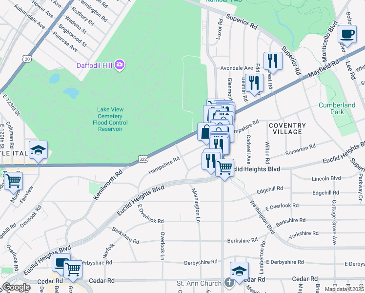 map of restaurants, bars, coffee shops, grocery stores, and more near 2701 Hampshire Road in Cleveland Heights