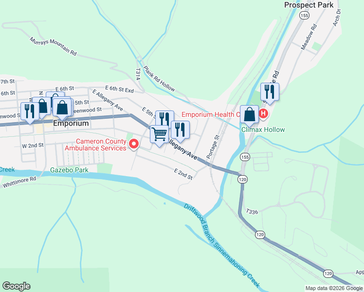 map of restaurants, bars, coffee shops, grocery stores, and more near 534 East Allegany Avenue in Emporium