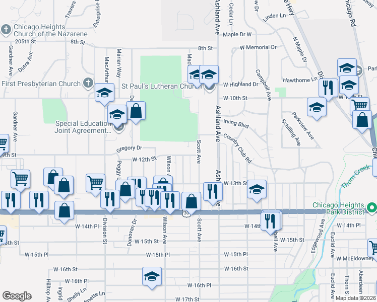 map of restaurants, bars, coffee shops, grocery stores, and more near 389 West 12th Street in Chicago Heights