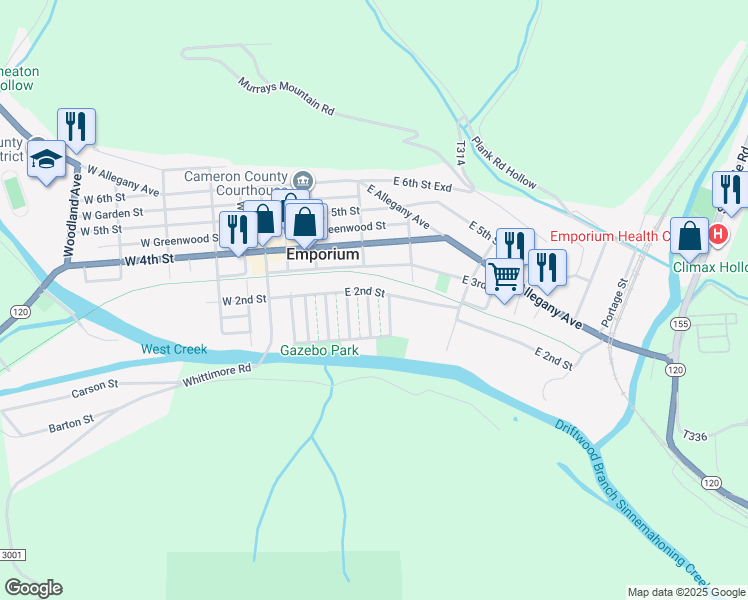 map of restaurants, bars, coffee shops, grocery stores, and more near 100-198 Willowwood Court in Emporium