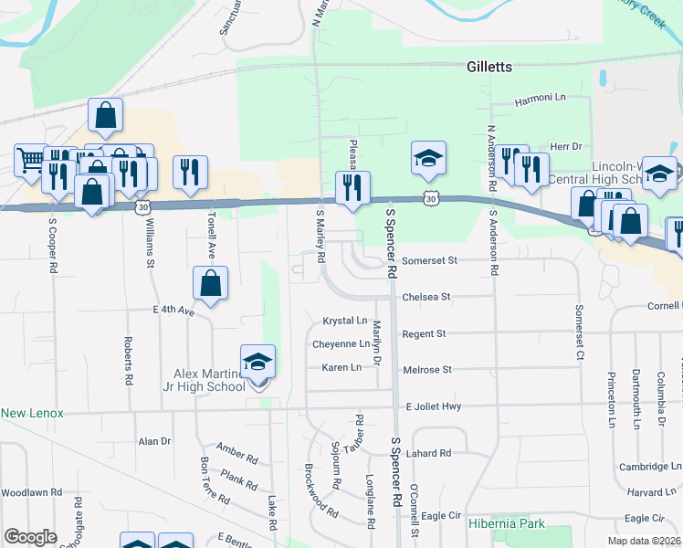map of restaurants, bars, coffee shops, grocery stores, and more near 522 South Marley Road in New Lenox