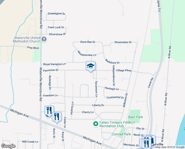 map of restaurants, bars, coffee shops, grocery stores, and more near 457 Sycamore Lane in Waterville