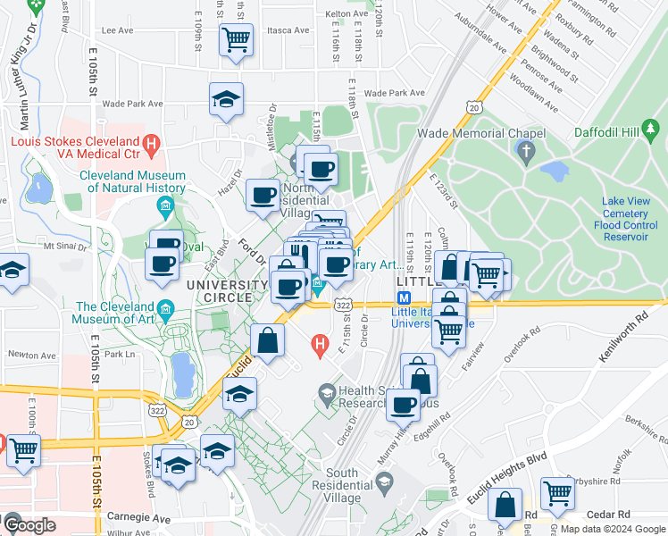 map of restaurants, bars, coffee shops, grocery stores, and more near 11452 Euclid Avenue in Cleveland