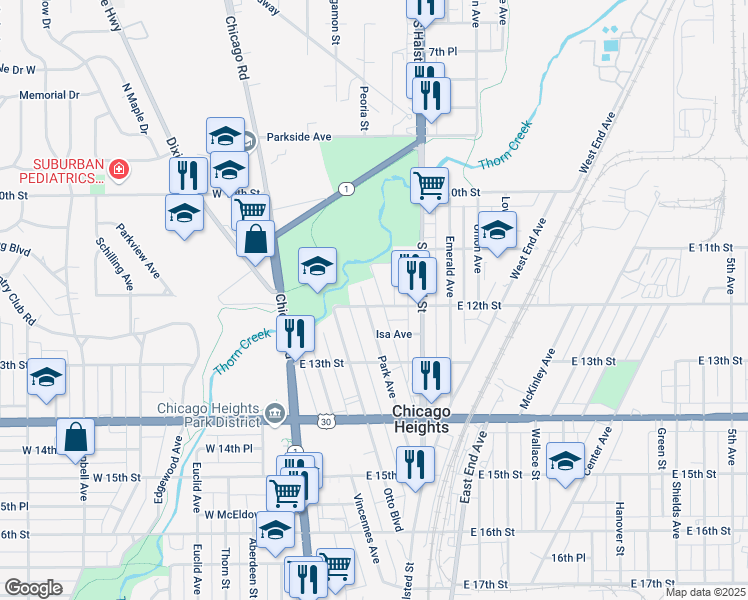 map of restaurants, bars, coffee shops, grocery stores, and more near 65 East 12th Street in Chicago Heights