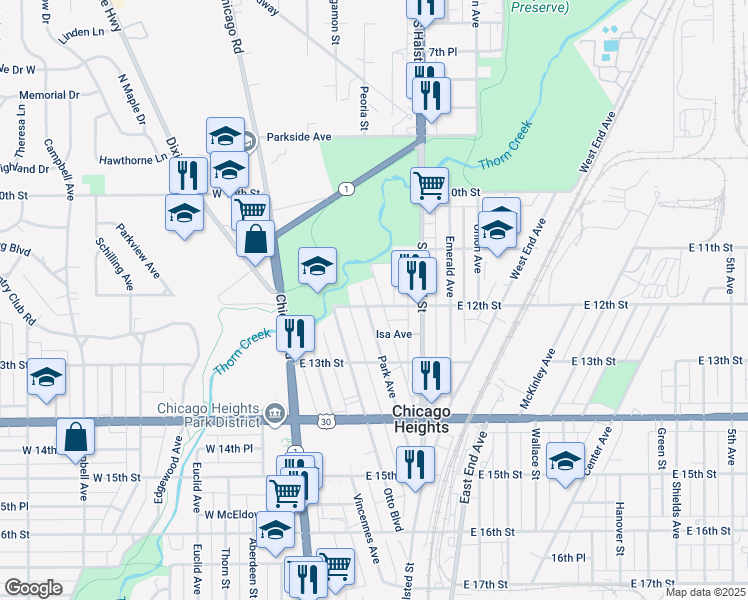 map of restaurants, bars, coffee shops, grocery stores, and more near 65 East 12th Street in Chicago Heights