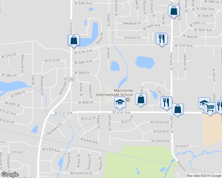 map of restaurants, bars, coffee shops, grocery stores, and more near 1400 West 61st Avenue in Merrillville