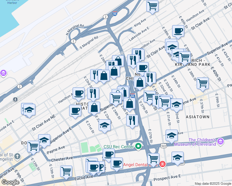 map of restaurants, bars, coffee shops, grocery stores, and more near 1443 East 25th Street in Cleveland