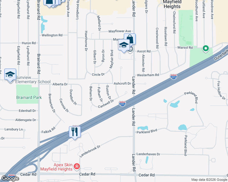 map of restaurants, bars, coffee shops, grocery stores, and more near 1871 Euston Drive in Mayfield Heights