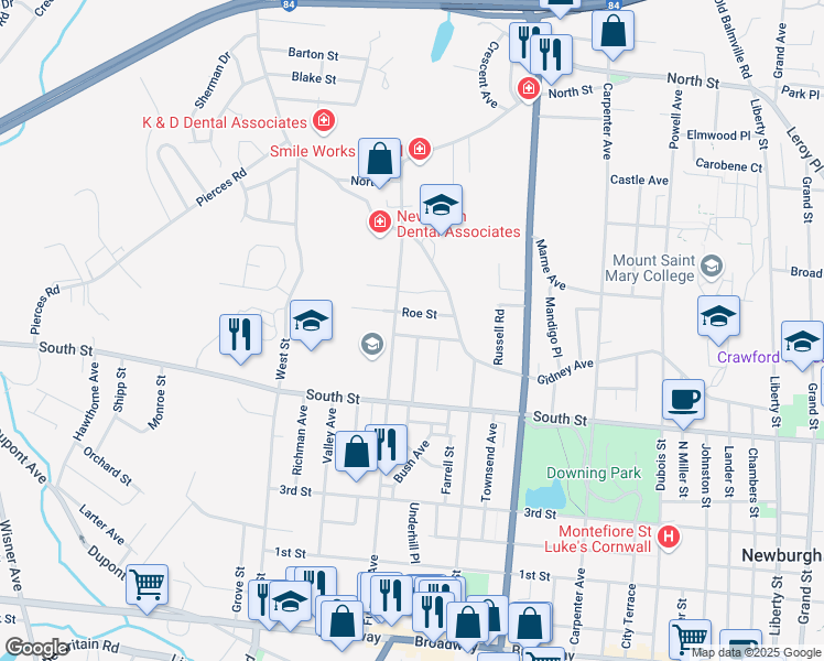 map of restaurants, bars, coffee shops, grocery stores, and more near 28 Columbus Avenue in Newburgh