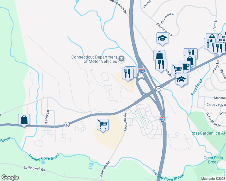 map of restaurants, bars, coffee shops, grocery stores, and more near 111 Sheraton Lane in Norwich