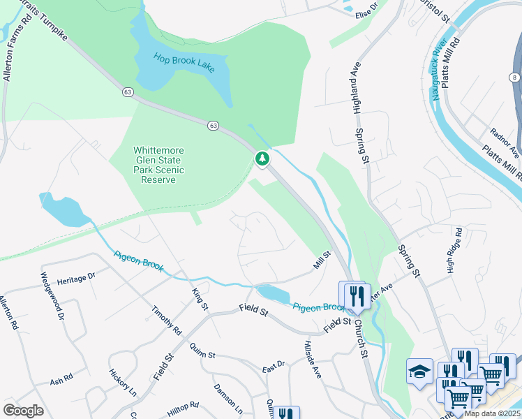 map of restaurants, bars, coffee shops, grocery stores, and more near 69 Ridge Road in Naugatuck