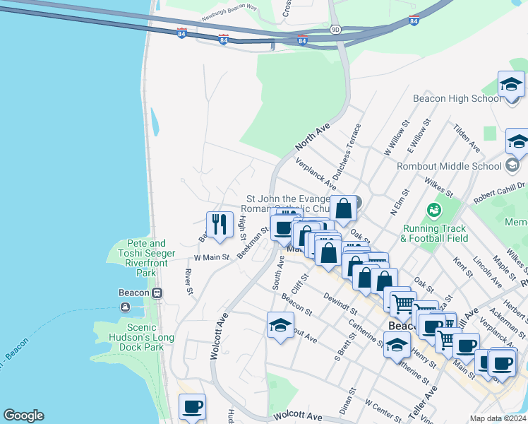 map of restaurants, bars, coffee shops, grocery stores, and more near 5 Tompkins Avenue in Beacon