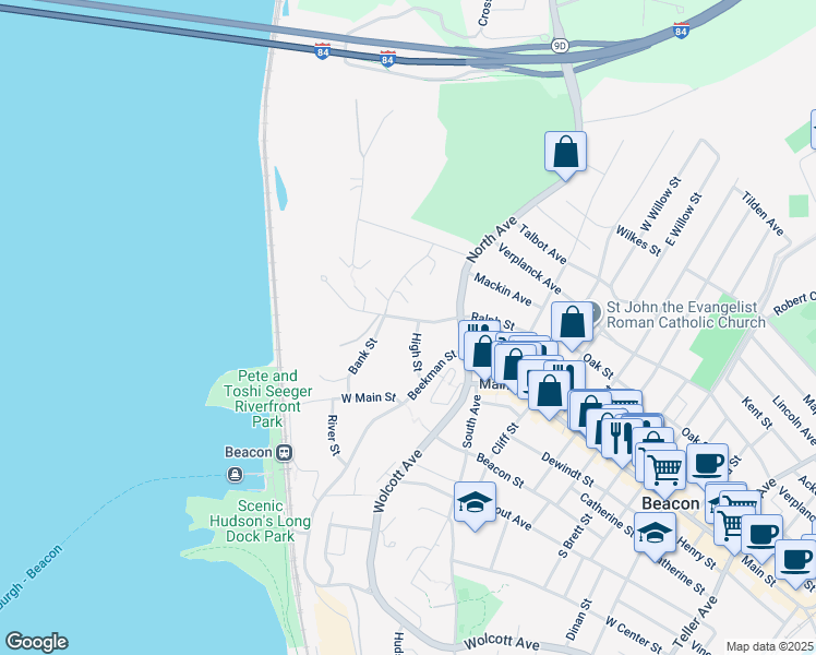 map of restaurants, bars, coffee shops, grocery stores, and more near 19 High Street in Beacon