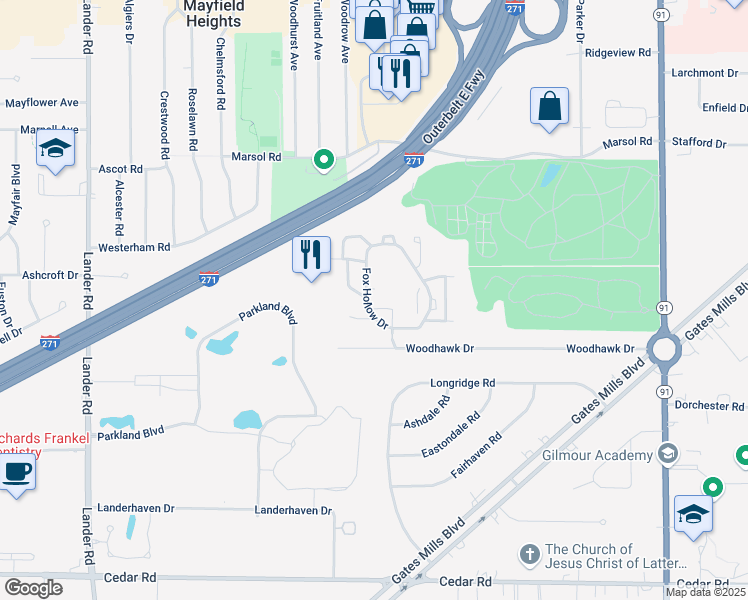 map of restaurants, bars, coffee shops, grocery stores, and more near 139 Fox Hollow Court in Mayfield Heights