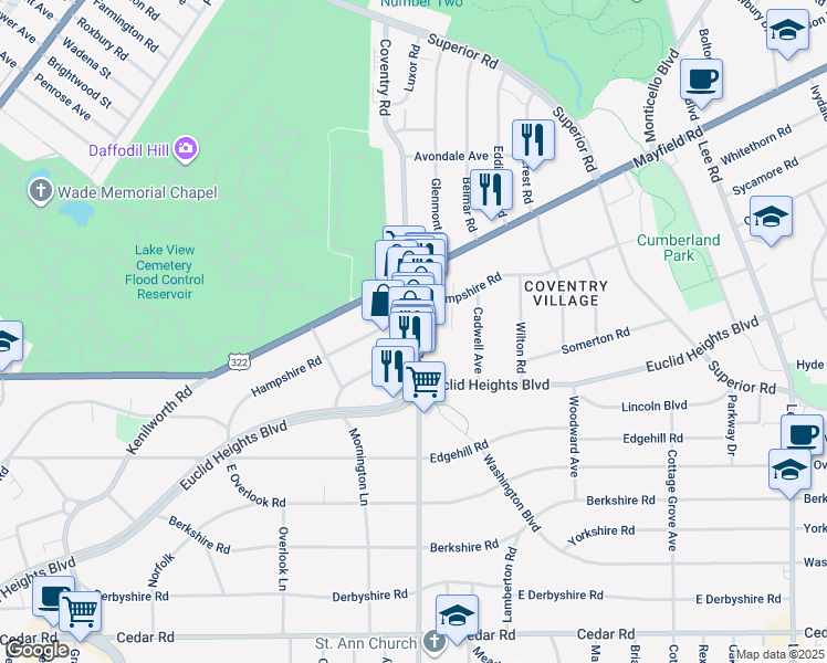 map of restaurants, bars, coffee shops, grocery stores, and more near 2779 Lancashire Road in Cleveland Heights