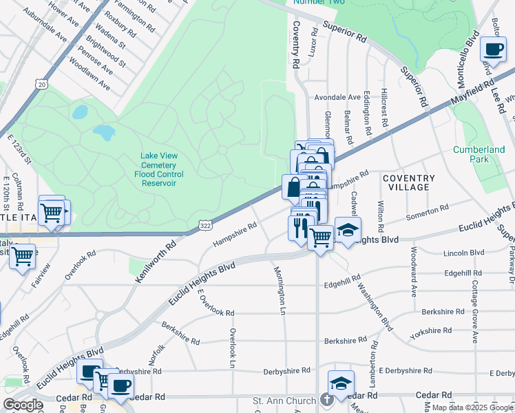 map of restaurants, bars, coffee shops, grocery stores, and more near 2701 Hampshire Road in Cleveland Heights