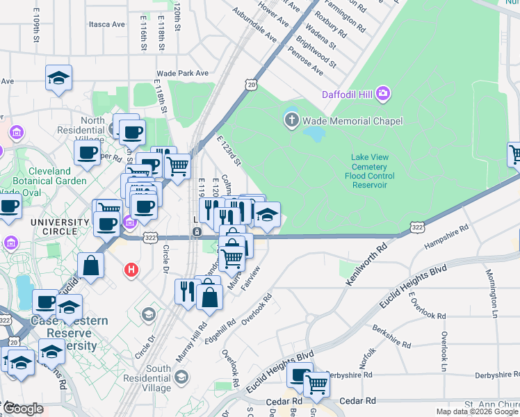 map of restaurants, bars, coffee shops, grocery stores, and more near 1973 East 123rd Street in Cleveland